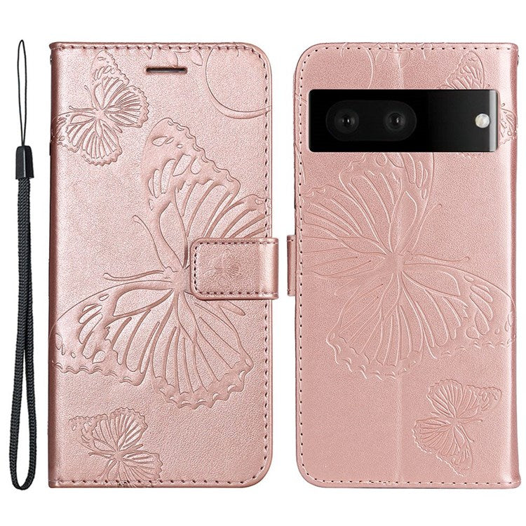 KT Imprinting Flower Series-2 Cell Phone Cover for Google Pixel 7, Anti-dust PU Leather Imprinted Butterfly Mobile Phone Case Wallet - Rose Gold