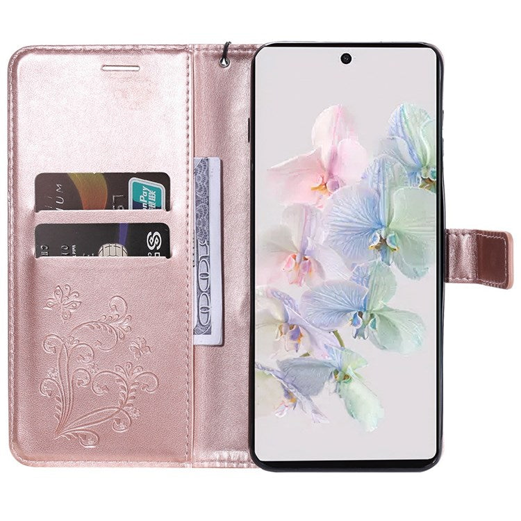 KT Imprinting Flower Series-2 Cell Phone Cover for Google Pixel 7, Anti-dust PU Leather Imprinted Butterfly Mobile Phone Case Wallet - Rose Gold