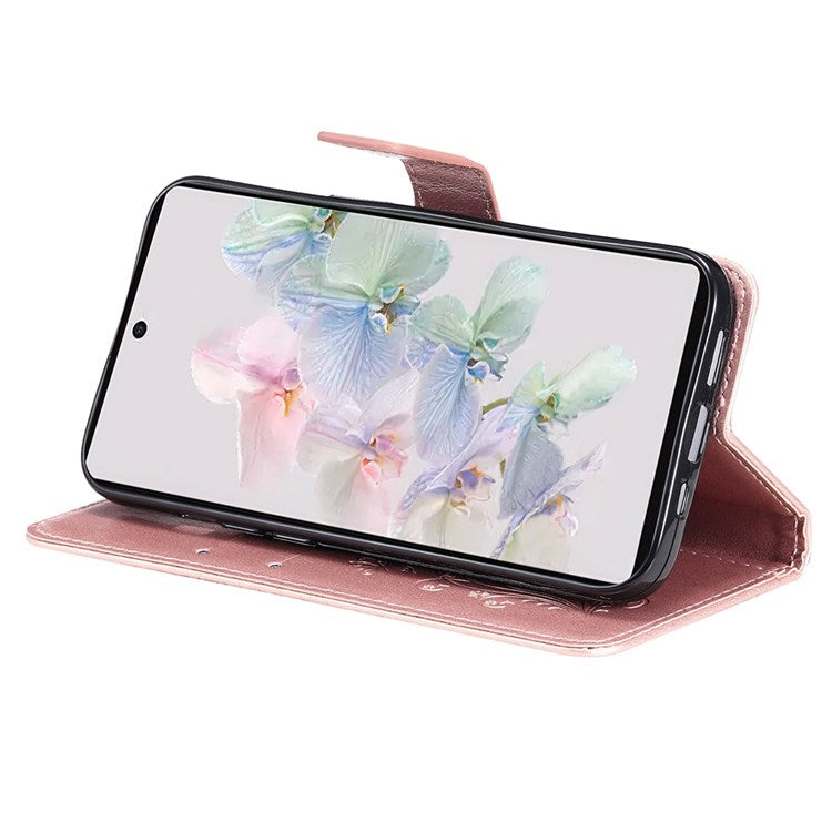 KT Imprinting Flower Series-2 Cell Phone Cover for Google Pixel 7, Anti-dust PU Leather Imprinted Butterfly Mobile Phone Case Wallet - Rose Gold