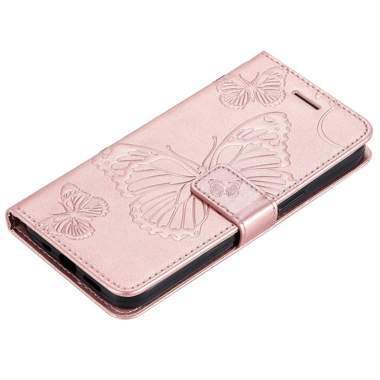 KT Imprinting Flower Series-2 Cell Phone Cover for Google Pixel 7, Anti-dust PU Leather Imprinted Butterfly Mobile Phone Case Wallet - Rose Gold