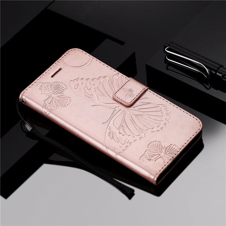 KT Imprinting Flower Series-2 Cell Phone Cover for Google Pixel 7, Anti-dust PU Leather Imprinted Butterfly Mobile Phone Case Wallet - Rose Gold