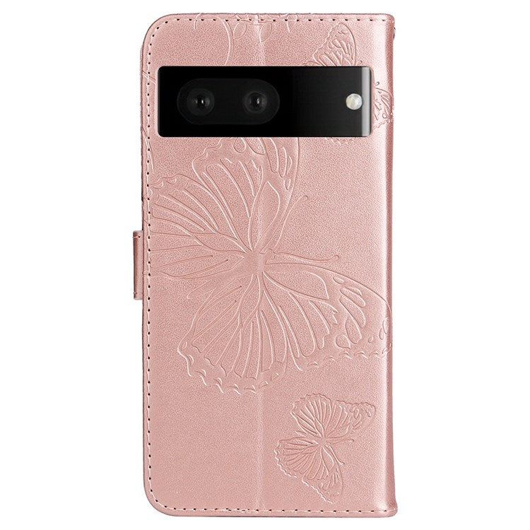 KT Imprinting Flower Series-2 Cell Phone Cover for Google Pixel 7, Anti-dust PU Leather Imprinted Butterfly Mobile Phone Case Wallet - Rose Gold