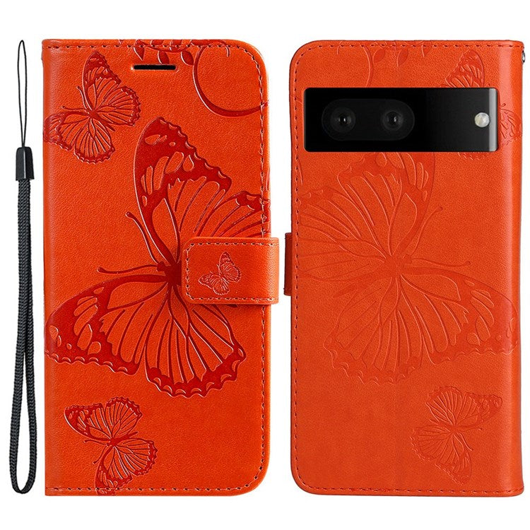 KT Imprinting Flower Series-2 Cell Phone Cover for Google Pixel 7, Anti-dust PU Leather Imprinted Butterfly Mobile Phone Case Wallet - Orange