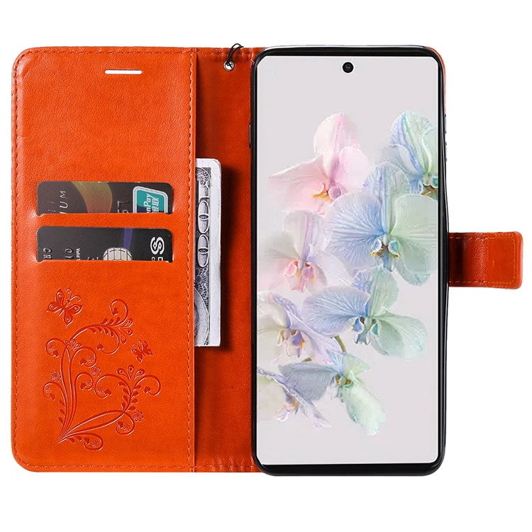 KT Imprinting Flower Series-2 Cell Phone Cover for Google Pixel 7, Anti-dust PU Leather Imprinted Butterfly Mobile Phone Case Wallet - Orange