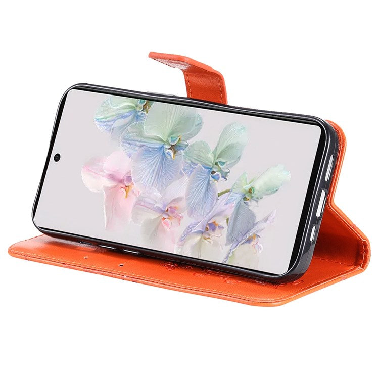 KT Imprinting Flower Series-2 Cell Phone Cover for Google Pixel 7, Anti-dust PU Leather Imprinted Butterfly Mobile Phone Case Wallet - Orange