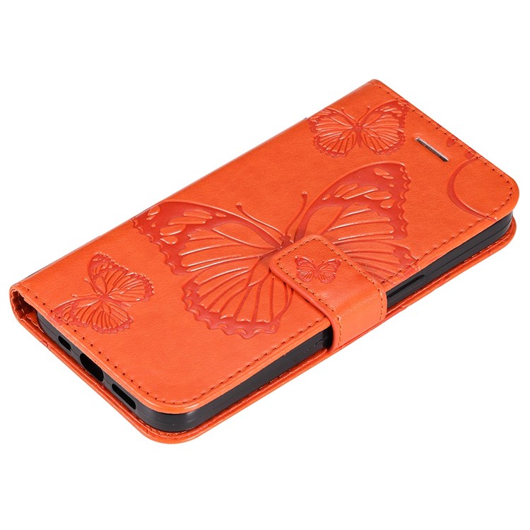 KT Imprinting Flower Series-2 Cell Phone Cover for Google Pixel 7, Anti-dust PU Leather Imprinted Butterfly Mobile Phone Case Wallet - Orange