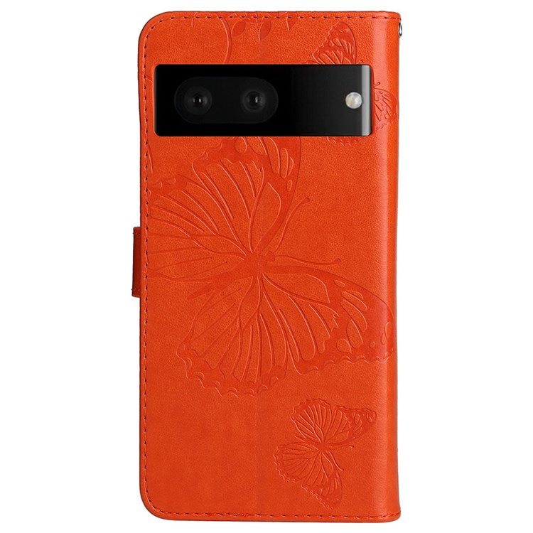 KT Imprinting Flower Series-2 Cell Phone Cover for Google Pixel 7, Anti-dust PU Leather Imprinted Butterfly Mobile Phone Case Wallet - Orange