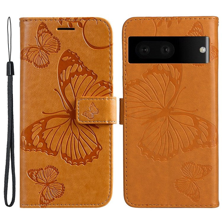 KT Imprinting Flower Series-2 Cell Phone Cover for Google Pixel 7, Anti-dust PU Leather Imprinted Butterfly Mobile Phone Case Wallet - Yellow