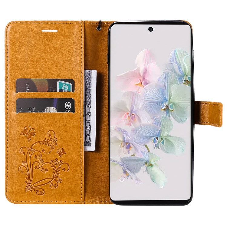 KT Imprinting Flower Series-2 Cell Phone Cover for Google Pixel 7, Anti-dust PU Leather Imprinted Butterfly Mobile Phone Case Wallet - Yellow