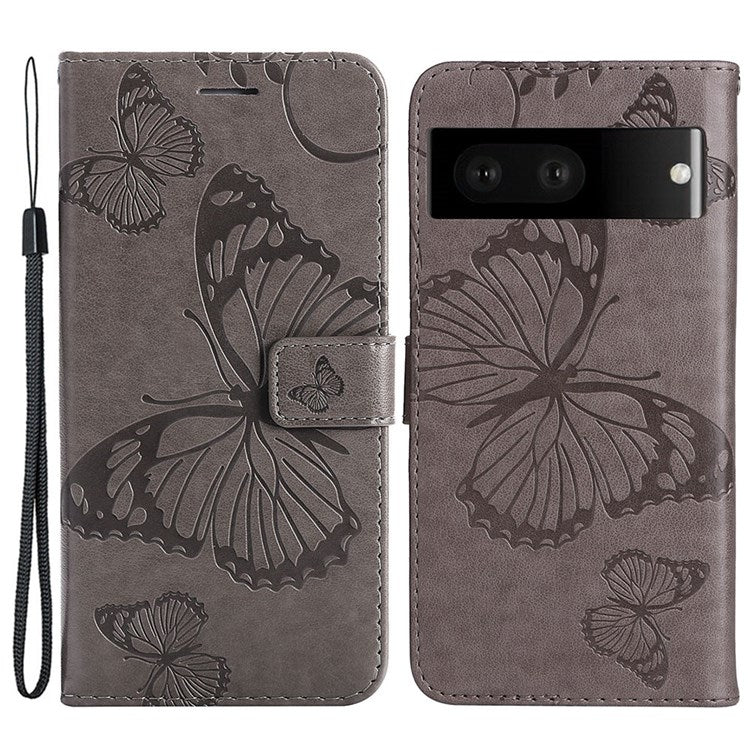 KT Imprinting Flower Series-2 Cell Phone Cover for Google Pixel 7, Anti-dust PU Leather Imprinted Butterfly Mobile Phone Case Wallet - Grey