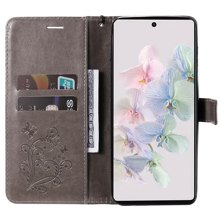 KT Imprinting Flower Series-2 Cell Phone Cover for Google Pixel 7, Anti-dust PU Leather Imprinted Butterfly Mobile Phone Case Wallet - Grey