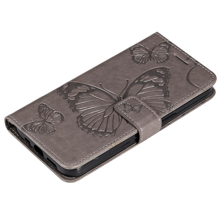 KT Imprinting Flower Series-2 Cell Phone Cover for Google Pixel 7, Anti-dust PU Leather Imprinted Butterfly Mobile Phone Case Wallet - Grey