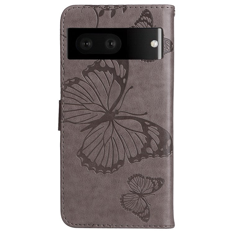 KT Imprinting Flower Series-2 Cell Phone Cover for Google Pixel 7, Anti-dust PU Leather Imprinted Butterfly Mobile Phone Case Wallet - Grey