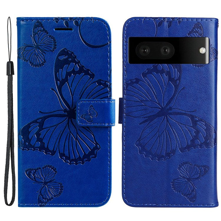 KT Imprinting Flower Series-2 Cell Phone Cover for Google Pixel 7, Anti-dust PU Leather Imprinted Butterfly Mobile Phone Case Wallet - Blue