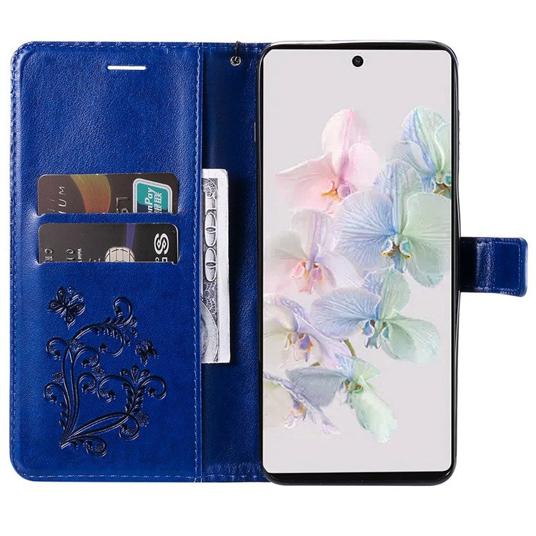 KT Imprinting Flower Series-2 Cell Phone Cover for Google Pixel 7, Anti-dust PU Leather Imprinted Butterfly Mobile Phone Case Wallet - Blue