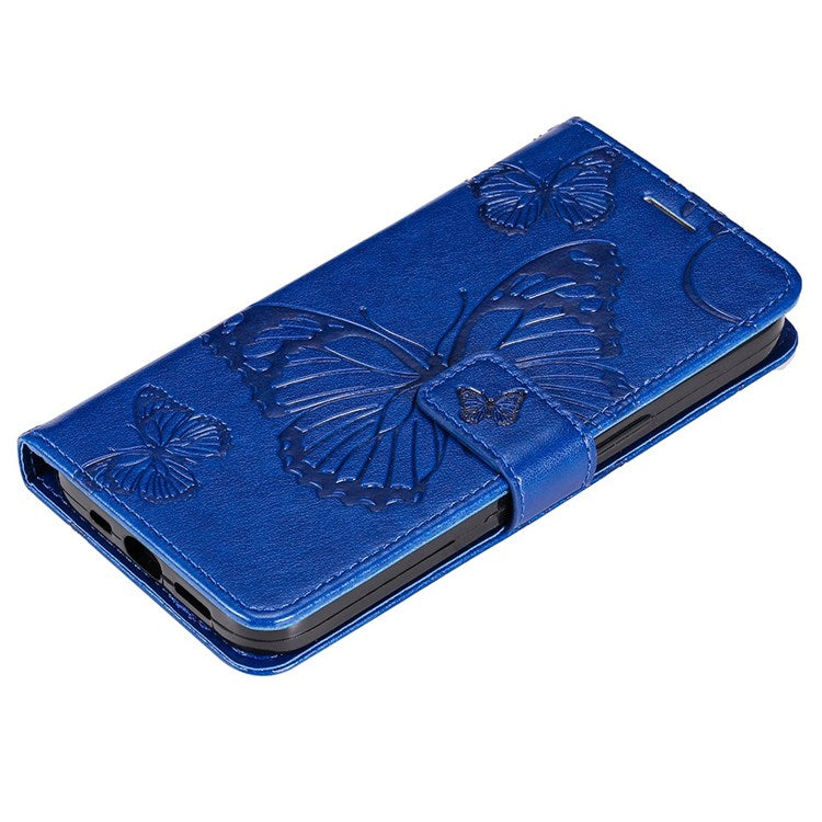 KT Imprinting Flower Series-2 Cell Phone Cover for Google Pixel 7, Anti-dust PU Leather Imprinted Butterfly Mobile Phone Case Wallet - Blue