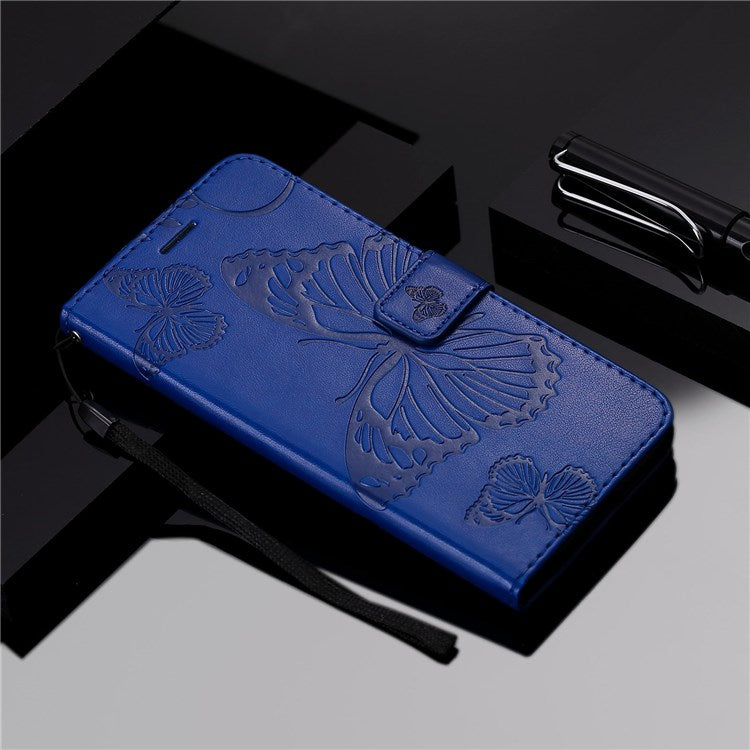 KT Imprinting Flower Series-2 Cell Phone Cover for Google Pixel 7, Anti-dust PU Leather Imprinted Butterfly Mobile Phone Case Wallet - Blue