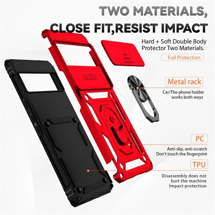 For Google Pixel 6 Pro Shockproof Phone Protection Case Ring Kickstand Hybrid PC + TPU Shell with Slide Camera Protection Cover - Red