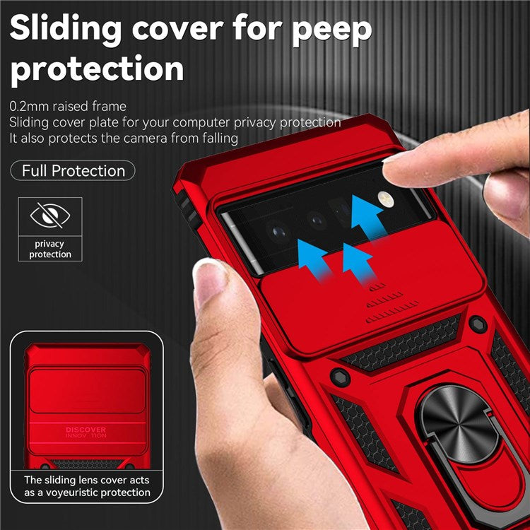 For Google Pixel 6 Pro Shockproof Phone Protection Case Ring Kickstand Hybrid PC + TPU Shell with Slide Camera Protection Cover - Red