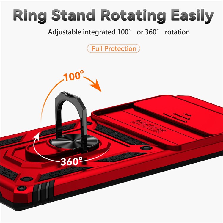 For Google Pixel 6 Pro Shockproof Phone Protection Case Ring Kickstand Hybrid PC + TPU Shell with Slide Camera Protection Cover - Red