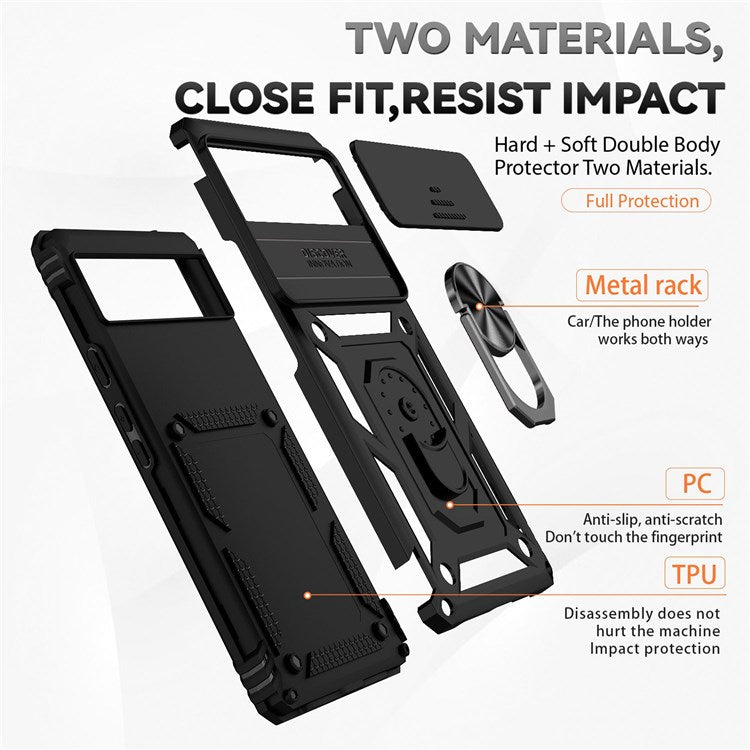 For Google Pixel 6 Ring Holder Metal Kickstand Phone Case Hard PC + TPU Shell with Slide Camera Protection Cover - Black