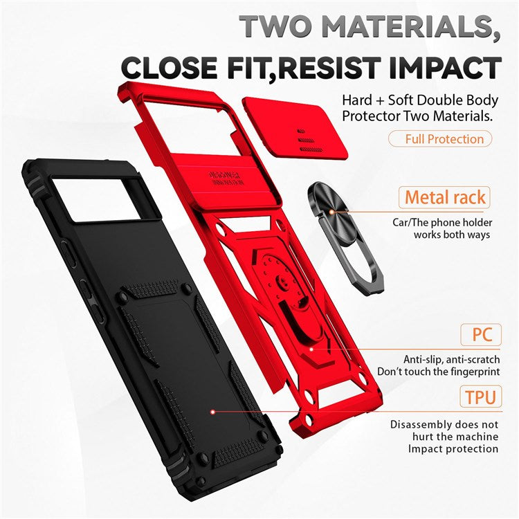 For Google Pixel 6 Ring Holder Metal Kickstand Phone Case Hard PC + TPU Shell with Slide Camera Protection Cover - Red