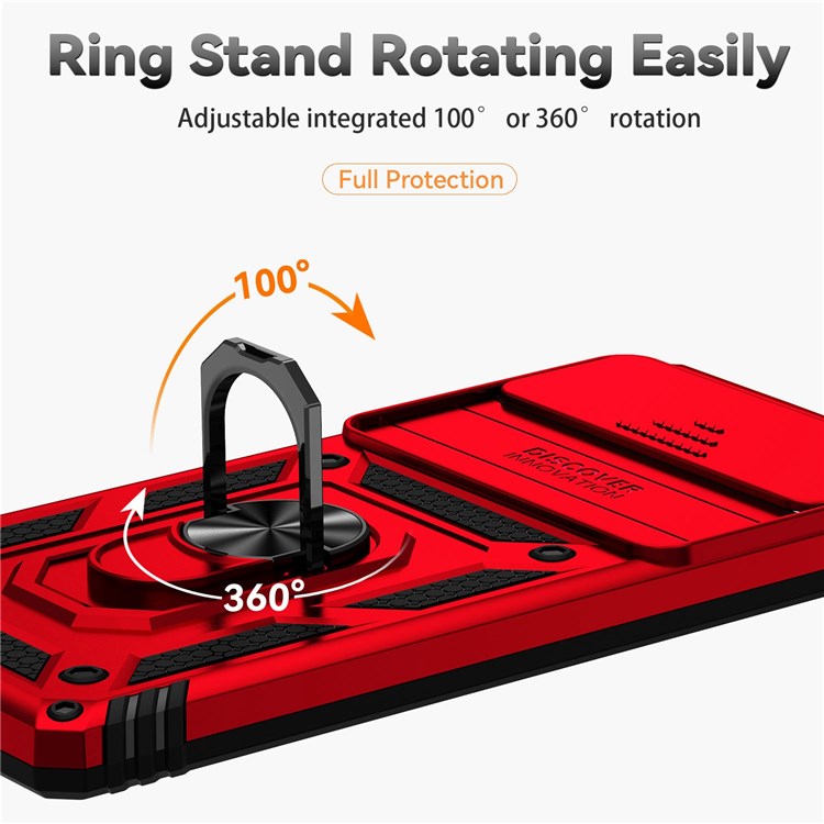 For Google Pixel 6 Ring Holder Metal Kickstand Phone Case Hard PC + TPU Shell with Slide Camera Protection Cover - Red