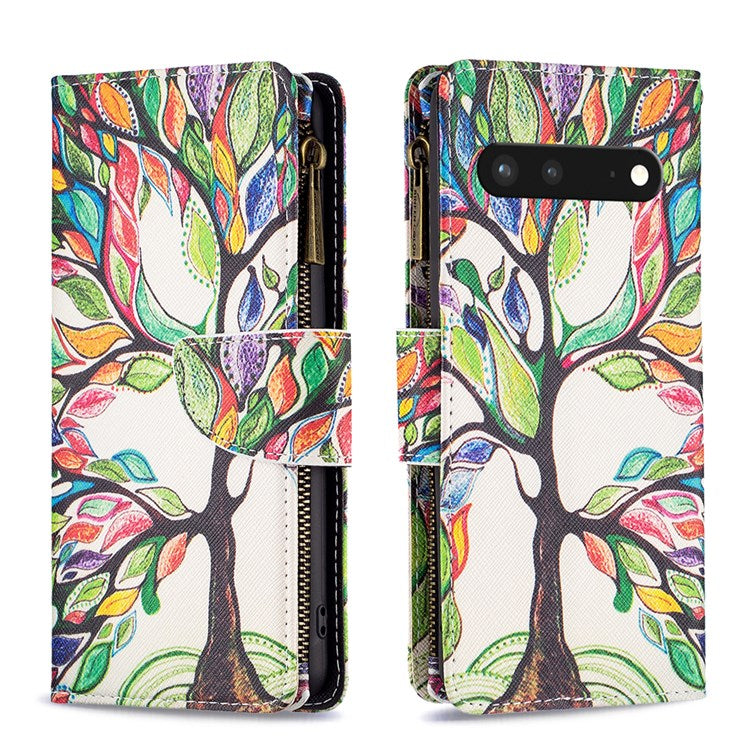 For Google Pixel 7 BF Pattern Printing Leather Series-4 03-Style Zippered Leather Phone Shell Wallet + Adjustable Stand Folio Flip Phone Case - Life Tree