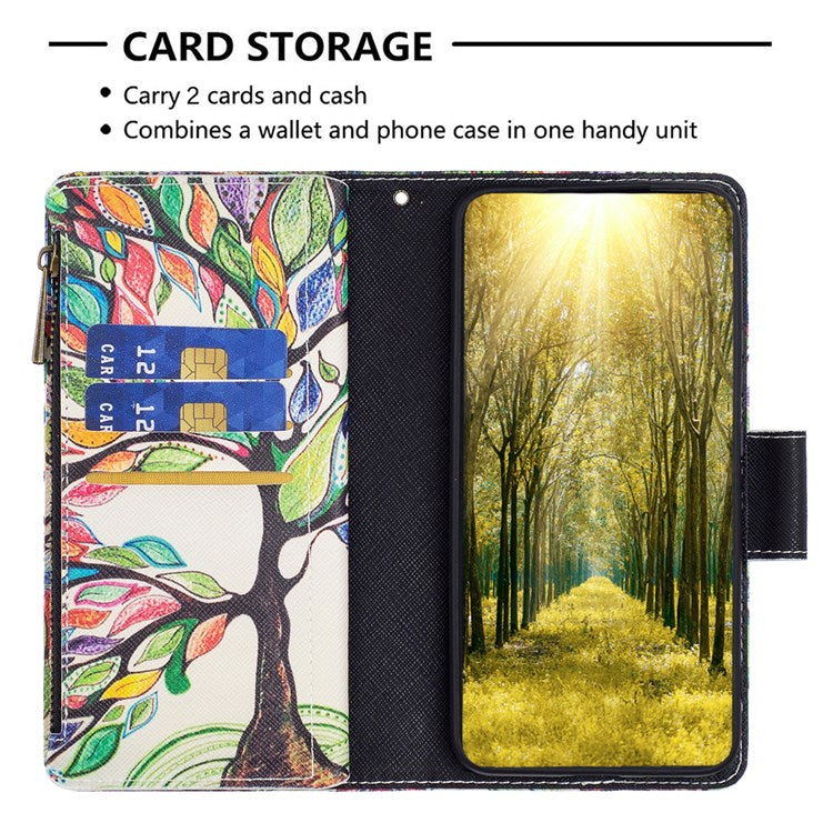 For Google Pixel 7 BF Pattern Printing Leather Series-4 03-Style Zippered Leather Phone Shell Wallet + Adjustable Stand Folio Flip Phone Case - Life Tree