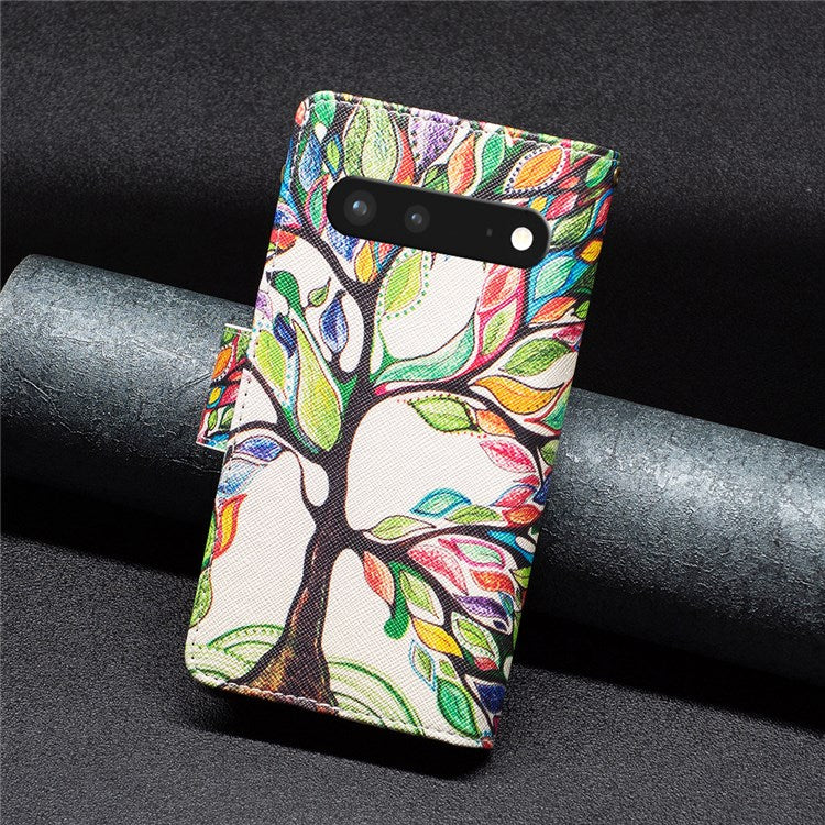 For Google Pixel 7 BF Pattern Printing Leather Series-4 03-Style Zippered Leather Phone Shell Wallet + Adjustable Stand Folio Flip Phone Case - Life Tree