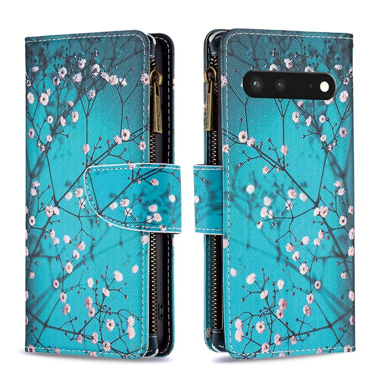 For Google Pixel 7 BF Pattern Printing Leather Series-4 03-Style Zippered Leather Phone Shell Wallet + Adjustable Stand Folio Flip Phone Case - Winter Sweet