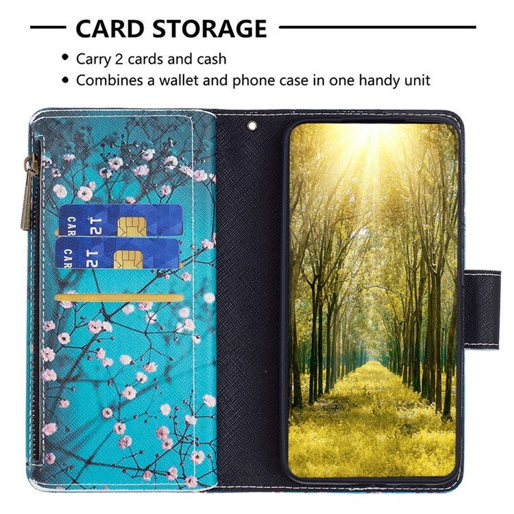 For Google Pixel 7 BF Pattern Printing Leather Series-4 03-Style Zippered Leather Phone Shell Wallet + Adjustable Stand Folio Flip Phone Case - Winter Sweet