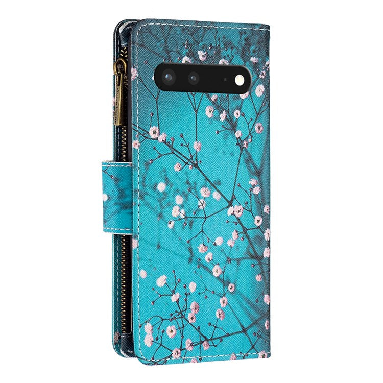 For Google Pixel 7 BF Pattern Printing Leather Series-4 03-Style Zippered Leather Phone Shell Wallet + Adjustable Stand Folio Flip Phone Case - Winter Sweet