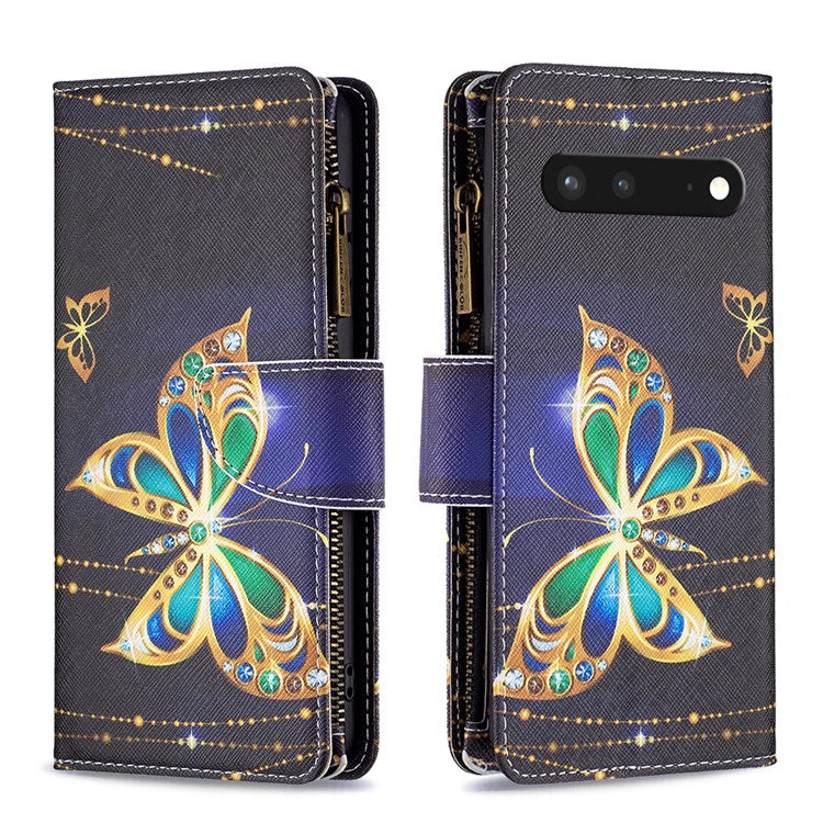 For Google Pixel 7 BF Pattern Printing Leather Series-4 03-Style Zippered Leather Phone Shell Wallet + Adjustable Stand Folio Flip Phone Case - Rhinestone Butterfly