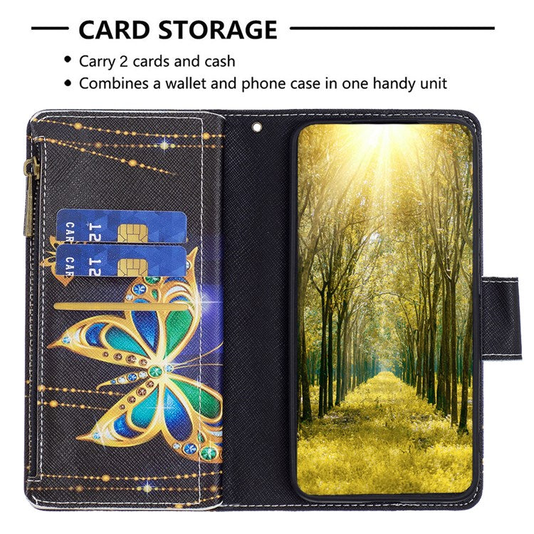 For Google Pixel 7 BF Pattern Printing Leather Series-4 03-Style Zippered Leather Phone Shell Wallet + Adjustable Stand Folio Flip Phone Case - Rhinestone Butterfly