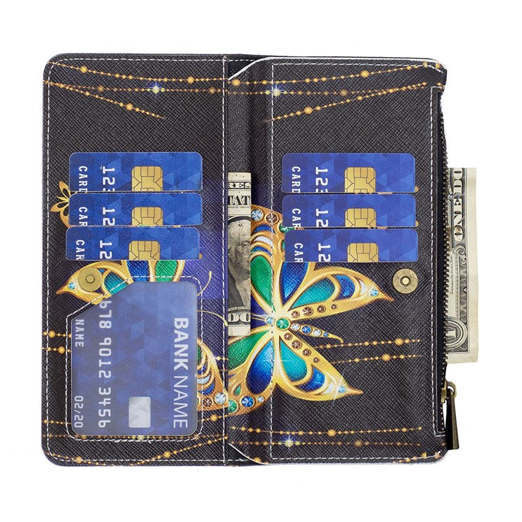 For Google Pixel 7 BF Pattern Printing Leather Series-4 03-Style Zippered Leather Phone Shell Wallet + Adjustable Stand Folio Flip Phone Case - Rhinestone Butterfly