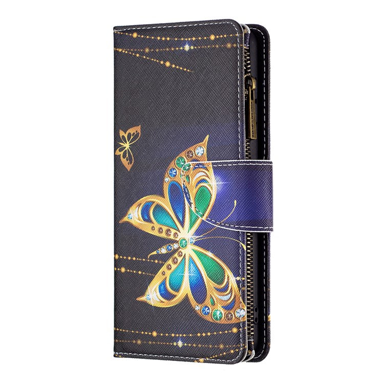 For Google Pixel 7 BF Pattern Printing Leather Series-4 03-Style Zippered Leather Phone Shell Wallet + Adjustable Stand Folio Flip Phone Case - Rhinestone Butterfly