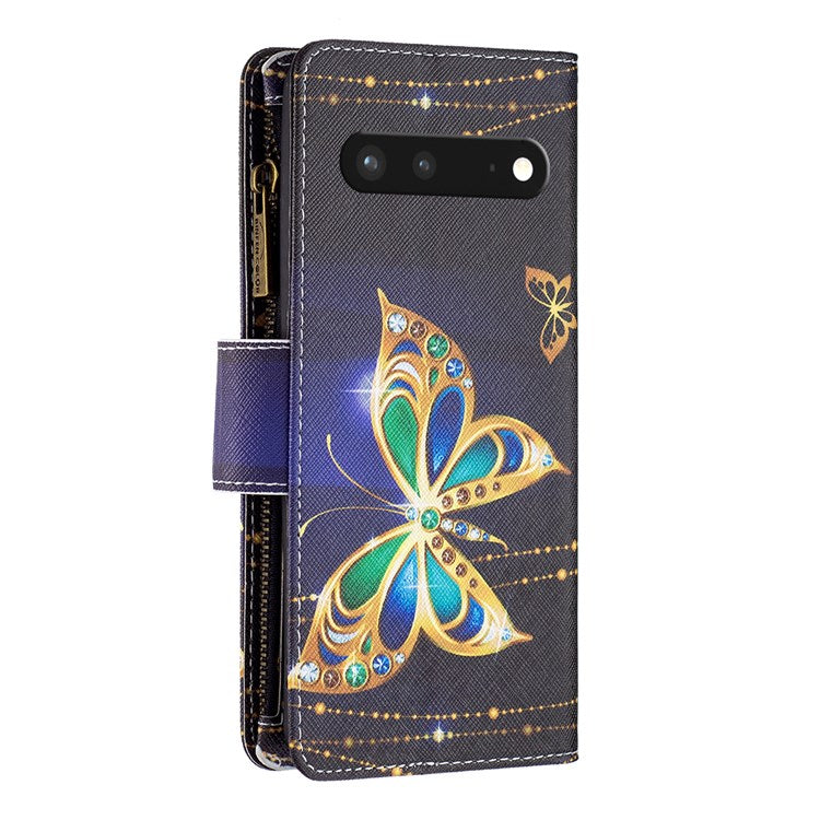 For Google Pixel 7 BF Pattern Printing Leather Series-4 03-Style Zippered Leather Phone Shell Wallet + Adjustable Stand Folio Flip Phone Case - Rhinestone Butterfly