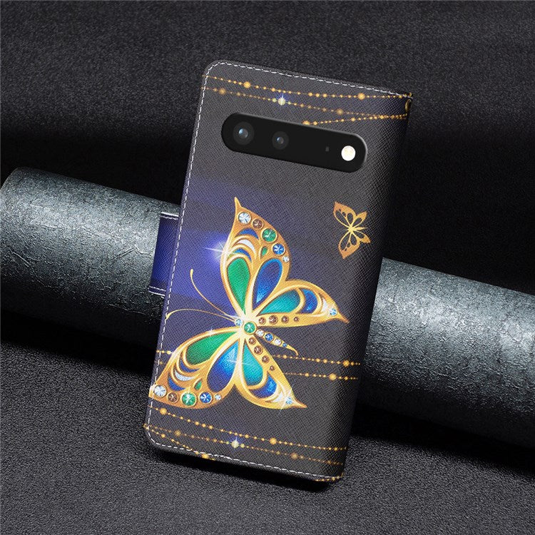 For Google Pixel 7 BF Pattern Printing Leather Series-4 03-Style Zippered Leather Phone Shell Wallet + Adjustable Stand Folio Flip Phone Case - Rhinestone Butterfly