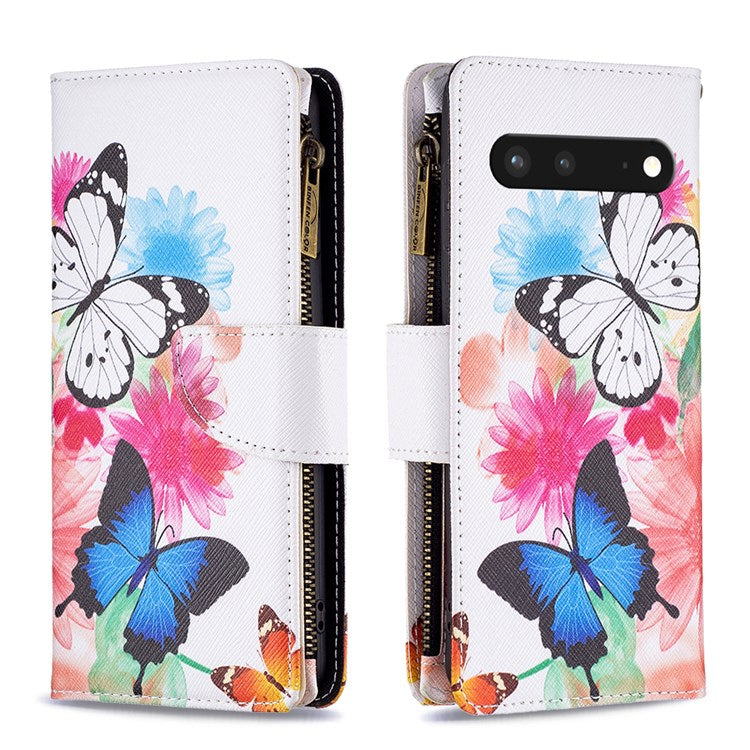 For Google Pixel 7 BF Pattern Printing Leather Series-4 03-Style Zippered Leather Phone Shell Wallet + Adjustable Stand Folio Flip Phone Case - Two Butterflies