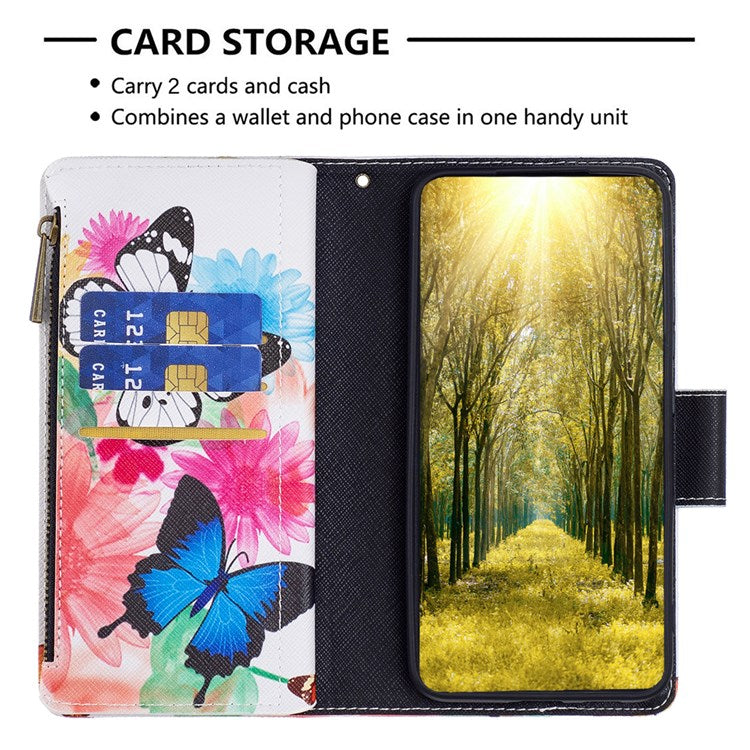 For Google Pixel 7 BF Pattern Printing Leather Series-4 03-Style Zippered Leather Phone Shell Wallet + Adjustable Stand Folio Flip Phone Case - Two Butterflies