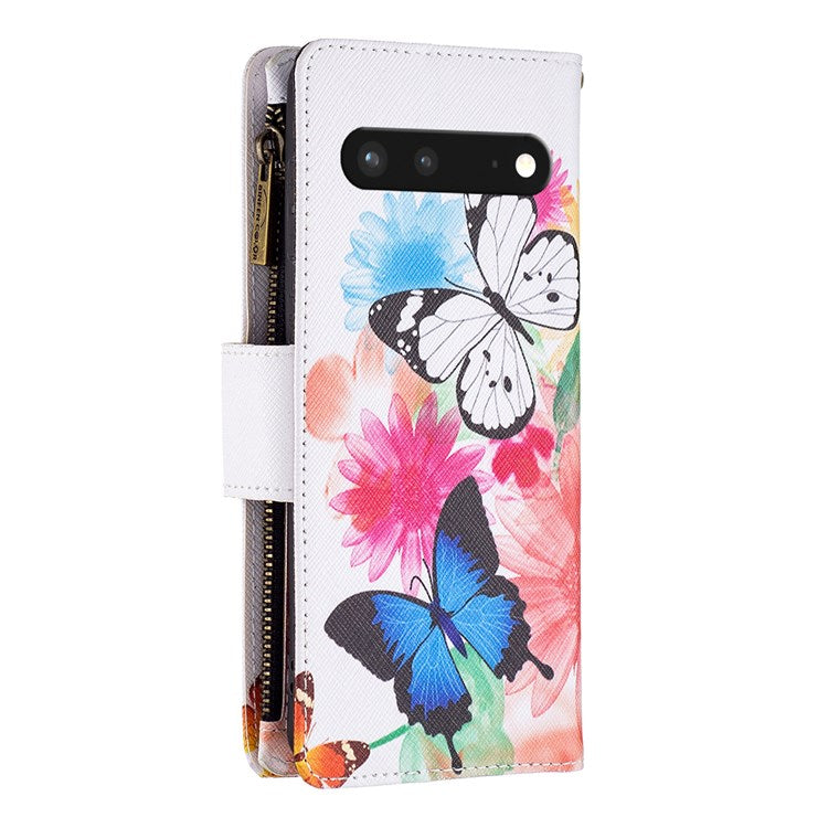 For Google Pixel 7 BF Pattern Printing Leather Series-4 03-Style Zippered Leather Phone Shell Wallet + Adjustable Stand Folio Flip Phone Case - Two Butterflies