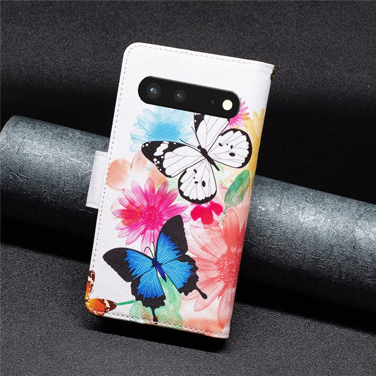 For Google Pixel 7 BF Pattern Printing Leather Series-4 03-Style Zippered Leather Phone Shell Wallet + Adjustable Stand Folio Flip Phone Case - Two Butterflies