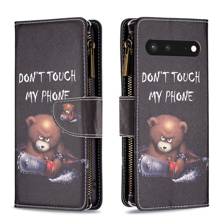 For Google Pixel 7 BF Pattern Printing Leather Series-4 03-Style Zippered Leather Phone Shell Wallet + Adjustable Stand Folio Flip Phone Case - Bear