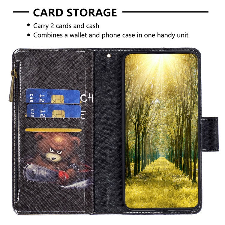 For Google Pixel 7 BF Pattern Printing Leather Series-4 03-Style Zippered Leather Phone Shell Wallet + Adjustable Stand Folio Flip Phone Case - Bear