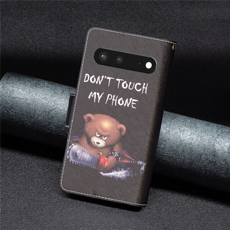 For Google Pixel 7 BF Pattern Printing Leather Series-4 03-Style Zippered Leather Phone Shell Wallet + Adjustable Stand Folio Flip Phone Case - Bear