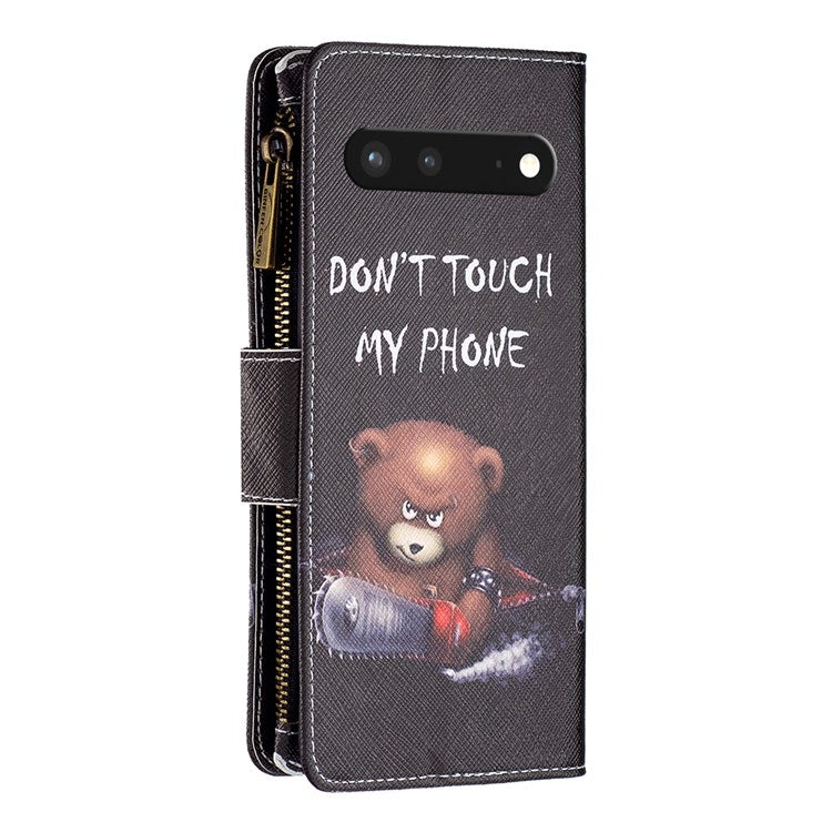 For Google Pixel 7 BF Pattern Printing Leather Series-4 03-Style Zippered Leather Phone Shell Wallet + Adjustable Stand Folio Flip Phone Case - Bear