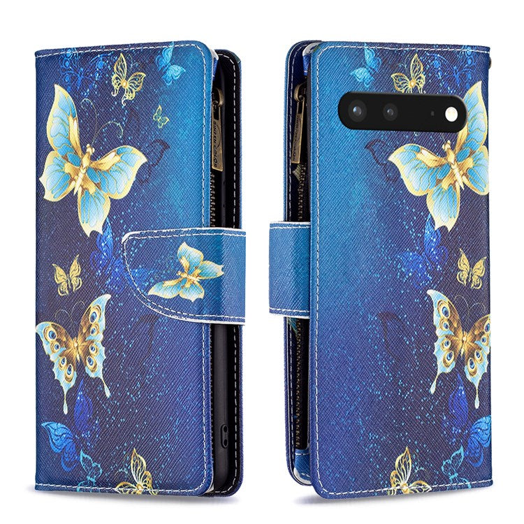 For Google Pixel 7 BF Pattern Printing Leather Series-4 03-Style Zippered Leather Phone Shell Wallet + Adjustable Stand Folio Flip Phone Case - Golden Butterflies