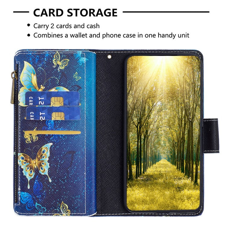 For Google Pixel 7 BF Pattern Printing Leather Series-4 03-Style Zippered Leather Phone Shell Wallet + Adjustable Stand Folio Flip Phone Case - Golden Butterflies