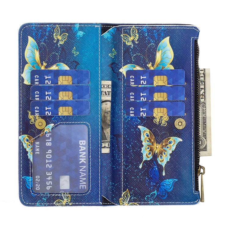 For Google Pixel 7 BF Pattern Printing Leather Series-4 03-Style Zippered Leather Phone Shell Wallet + Adjustable Stand Folio Flip Phone Case - Golden Butterflies